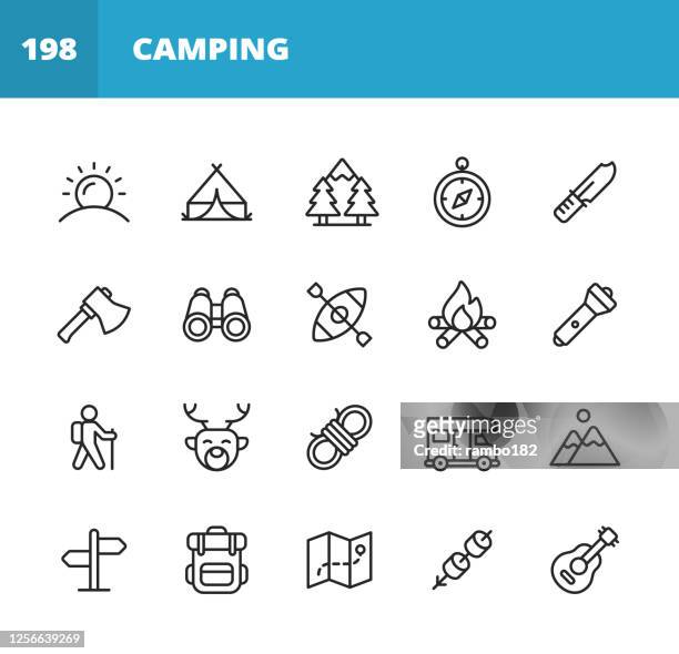camping line icons. editable stroke. pixel perfect. for mobile and web. contains such icons as sun, summer, tent, forest, compass, axe, binoculars, kayak, campfire, trekking, climbing, hunting, knot, camper, trip, vacation, backpack, map, marshmallow. - animal wildlife stock illustrations