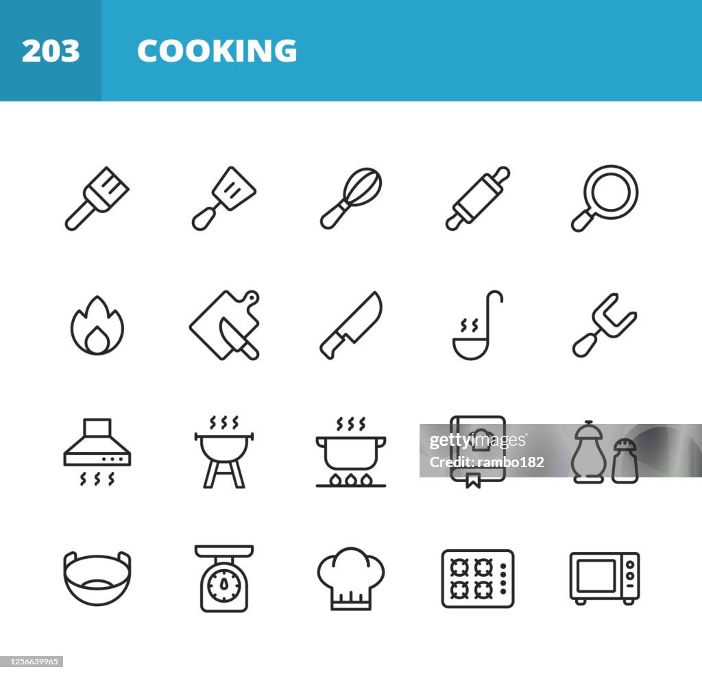 Cooking Line Icons. Editable Stroke. Pixel Perfect. For Mobile and Web. Contains such icons as Pastry Brush, Spatula, Whisk, Rolling Pin, Frying Pan, Kitchen Knife, Paddle, Fork, Cooker Hood, Grill, Pan, Bowl, Chef Hat, Microwave, Chopping Board, Food.