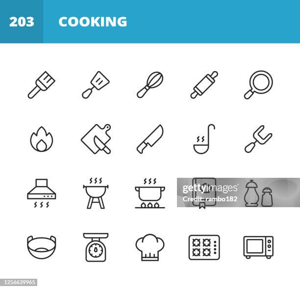 cooking line icons. editable stroke. pixel perfect. for mobile and web. contains such icons as pastry brush, spatula, whisk, rolling pin, frying pan, kitchen knife, paddle, fork, cooker hood, grill, pan, bowl, chef hat, microwave, chopping board, food. - chefs hat stock illustrations