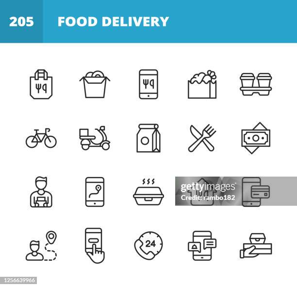 ilustrações de stock, clip art, desenhos animados e ícones de food delivery line icons. editable stroke. pixel perfect. for mobile and web. contains such icons as take out food, mobile app, bag, container, location tracking, food truck, motor scooter, contactless payments, coffee, eating, restaurant, sushi. - restaurante