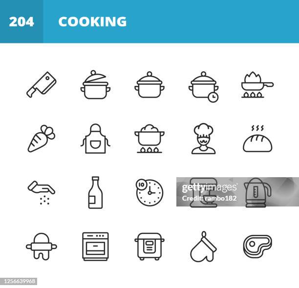 cooking line icons. editable stroke. pixel perfect. for mobile and web. contains such icons as kitchen knife, chopper, pot, frying, frying pan, carrot, apron, bread, bakery, pot, electric kettle, rolling pin, teapot, multi cooker, steak, meat, grill. - basting brush stock illustrations