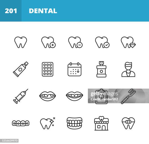 bildbanksillustrationer, clip art samt tecknat material och ikoner med ikoner för dentallinje. redigerbar linje. pixel perfekt. för mobil och webb. innehåller sådana ikoner som tand, skydd, tandkräm, piller, kalender, tandläkare, spruta, anestesi, leende, tandblekning, tandrengöring, tandproteser, implantat, hängslen, - tand