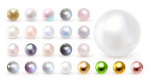 Pearl set isolated on transparent background. Spherical beautiful 3D orb with transparent glares and highlights. Jewel gems. All items are grouped and isolated. Vector Illustration.