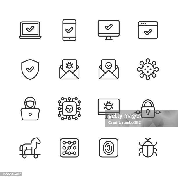 ilustrações de stock, clip art, desenhos animados e ícones de cyber security line icons. editable stroke. pixel perfect. for mobile and web. contains such icons as shield, bug, virus, trojan horse, hacker, thief, network, padlock, pass code, password, identity, phishing, surveillance, firewall, programming, privacy - cavalo-de-troia