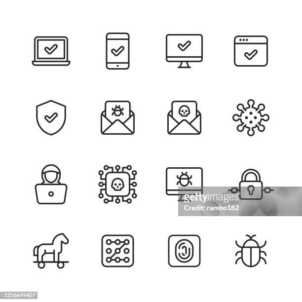 cyber security line icons. editable stroke. pixel perfect. for mobile and web. contains such icons as shield, bug, virus, trojan horse, hacker, thief, network, padlock, pass code, password, identity, phishing, surveillance, firewall, programming, privacy - computer virus stock illustrations