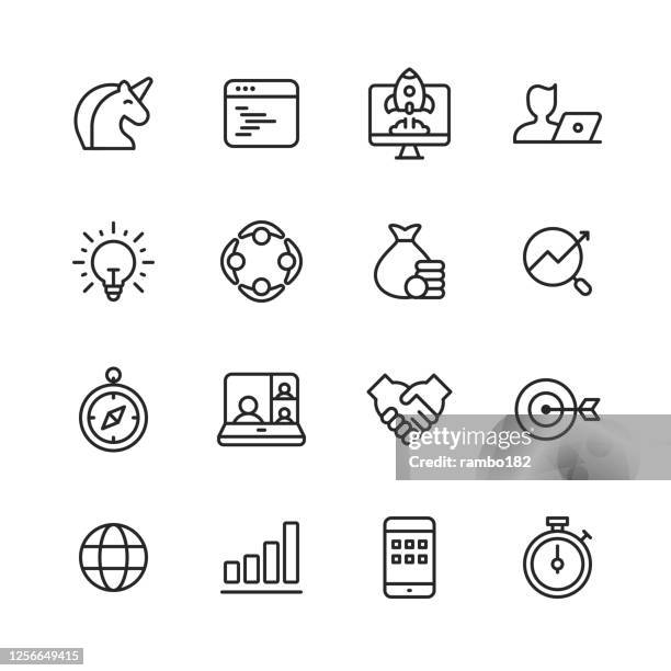 ilustraciones, imágenes clip art, dibujos animados e iconos de stock de iconos de línea de inicio. trazo editable. pixel perfecto. para móviles y web. contiene iconos como unicornio, crecimiento, programación, venture capital, video conference, deal, agile, aplicación móvil, visión, objetivo, logro, fundador, emprendedor - transformación digital