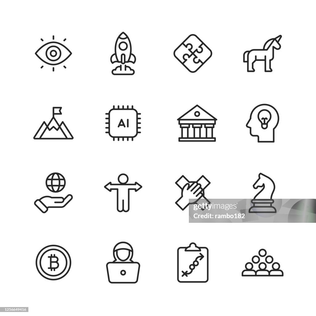Ícones da linha de inicialização. Golpe editável. Pixel Perfeito. Para Mobile e Web. Contém ícones como Unicórnio, Crescimento, Programação, Venture Capital, Videoconferência, Deal, Ágil, Aplicativo Móvel, Visão, Objetivo, Realização, Fundad