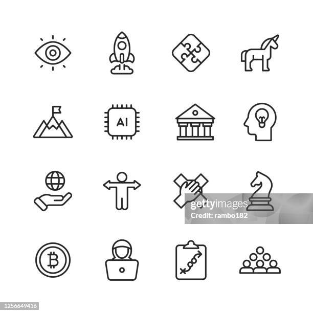 startup line icons. editable stroke. pixel perfect. for mobile and web. contains such icons as unicorn, growth, programming, venture capital, video conference, deal, agile, mobile app, vision, goal, achievement, founder, entrepreneur, cryptocurrency. - founder icon stock illustrations