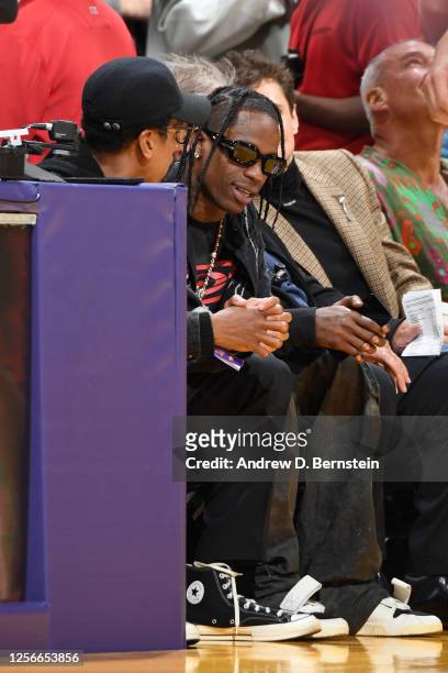 Travis Scott attends the game between the Denver Nuggets and Los Angeles Lakers during Game 3 of the 2023 NBA Playoffs Western Conference Finals on...