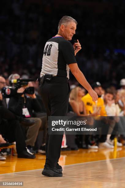 Referee Scott Foster looks on during Game Three of the Western Conference Finals between the Denver Nuggets and the Los Angeles Lakers on May 20,...