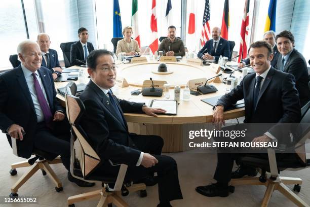 Ukraine's President Volodymyr Zelensky joins G7 leaders at a working session during the G7 Leaders' Summit in Hiroshima on May 21, 2023.