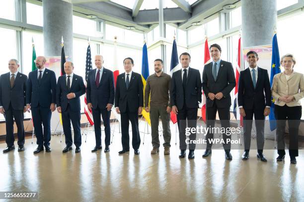 Ukrainian President Volodymyr Zelensky joins G7 world leaders on the final day of the G7 Summit on May 21, 2023 in Hiroshima, Japan.