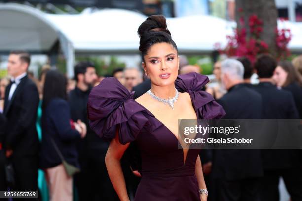 Salma Hayek attends the "Killers Of The Flower Moon" red carpet during the 76th annual Cannes film festival at Palais des Festivals on May 20, 2023...