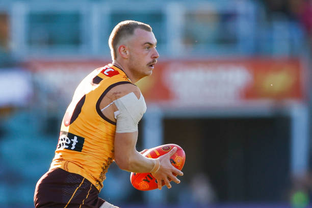 James Worpel of the Hawks in action during the 2023 AFL Round 10 match between the Hawthorn Hawks and the West Coast Eagles at UTAS Stadium on May...