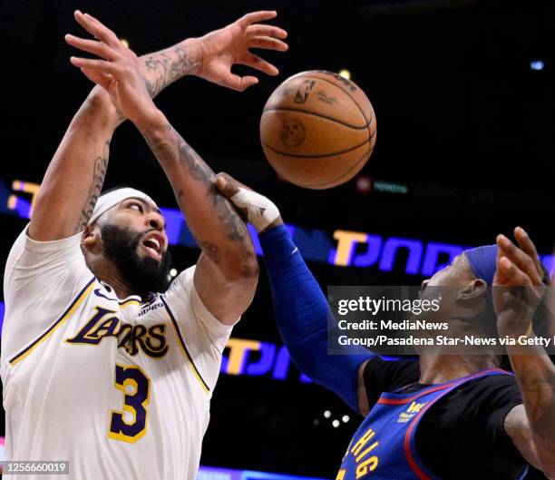 Los Angeles, CA Anthony Davis of the Los Angeles Lakers is fouled by Kentavious Caldwell-Pope of the Denver Nuggets in the second half of game 3 of a...