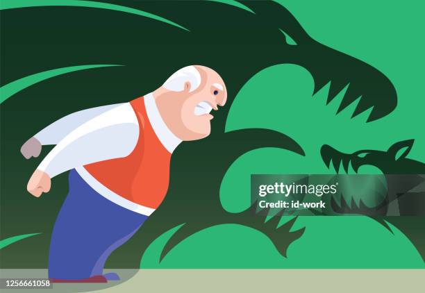 ilustrações de stock, clip art, desenhos animados e ícones de angry senior man with furious lion and wolf shadows - lion situation