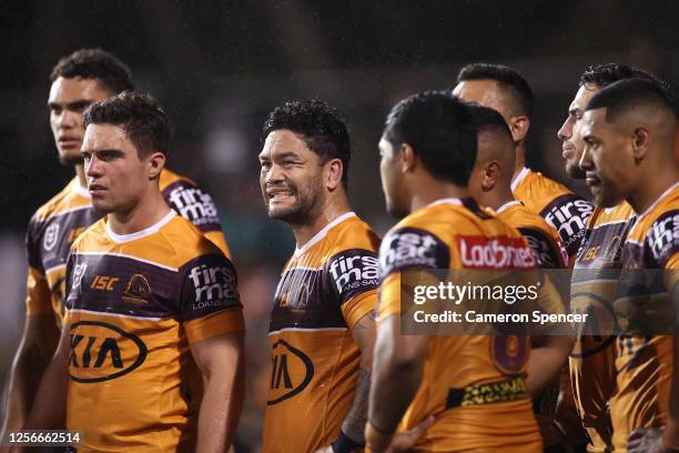 Issac Luke and his Broncos team mates look dejected during the round 10 NRL match between the Wests Tigers and the Brisbane Broncos at Leichhardt...