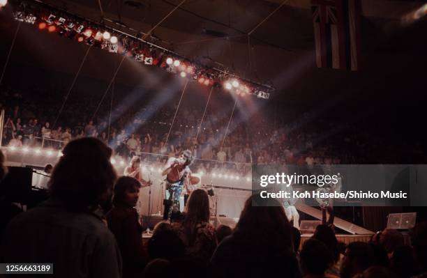 The Rolling Stones live at International Center, Honolulu, Hawaii, United Sattes, January 1973. Bobby Keys, Mick Jagger, Keith Richards, Bill Wyman.