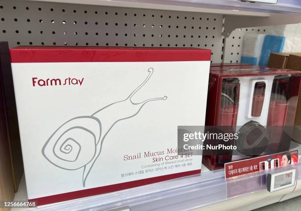 Snail mucus skincare moisturizer set at a Korean shop specializing in skincare products in Toronto, Ontario, Canada, on May 19, 2023.