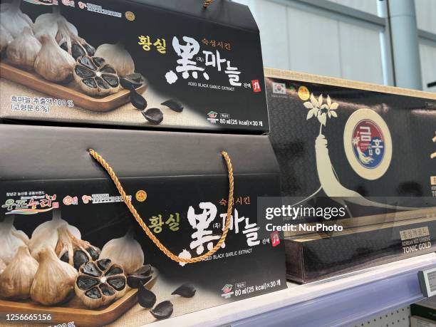 Aged black garlic extract at a Korean shop specializing in skincare products in Toronto, Ontario, Canada, on May 19, 2023. Containing anti-aging...