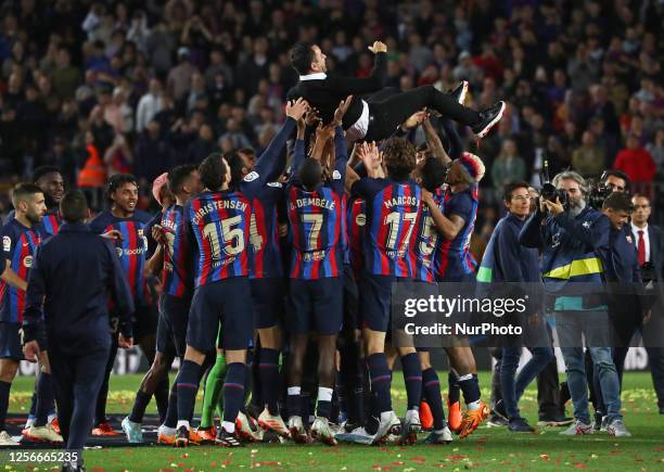 Xavi Hernandez during the celebrations at the end of the match between FC Barcelona and Real Sociedad, corresponding to the week 35 of the Liga...