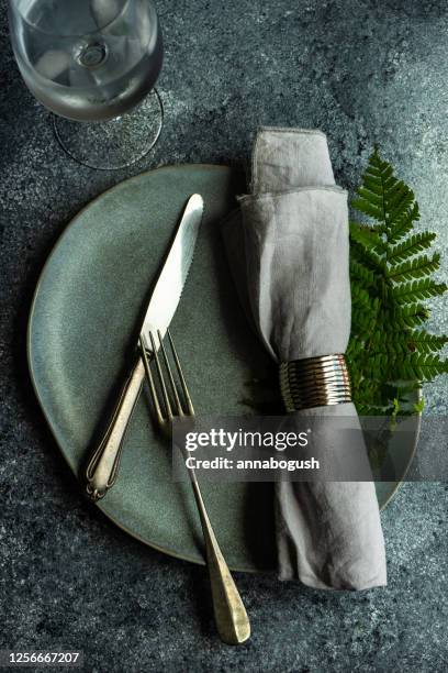 summer place setting with fern leaves - serviettenring stock-fotos und bilder