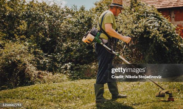 active senior mows the grass - land clearing stock pictures, royalty-free photos & images