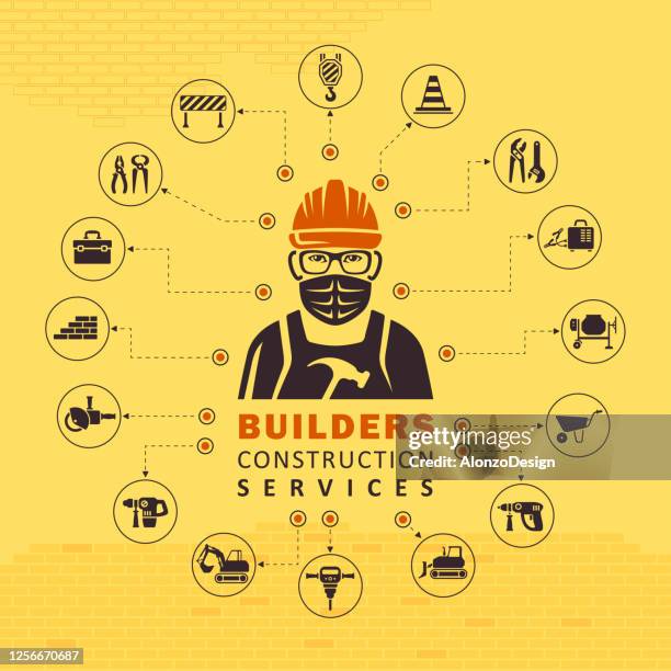 manual worker wearing protective face mask for coronavirus. - construction worker covid stock illustrations