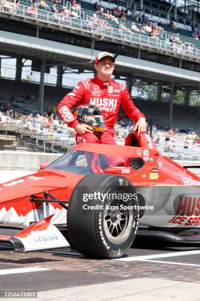 IndyCar series driver Marcus Ericsson poses for a photo at the yard of bricks after qualifying for the 107th running of the Indianapolis 500 on May...