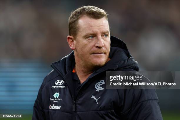 Michael Voss, Senior Coach of the Blues looks on during the 2023 AFL Round 10 match between the Carlton Blues and the Collingwood Magpies at the...