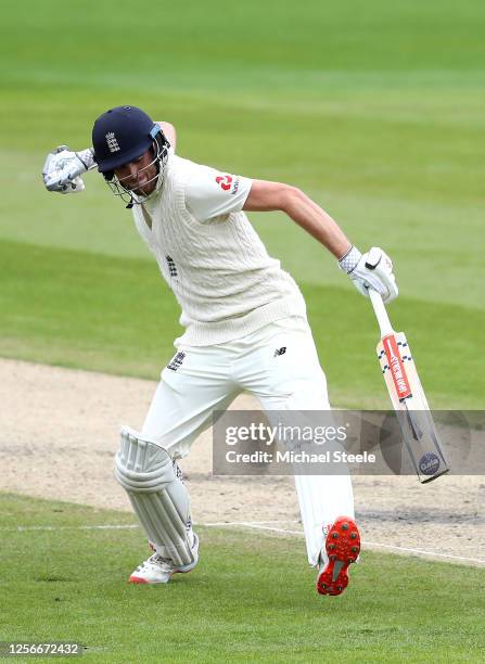 Dom Sibley of England celebrates after reaching his century during Day Two of the 2nd Test Match in the #RaiseTheBat Series between England and The...