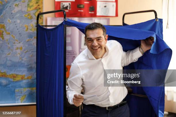 Alexis Tsipras, leader of Syriza party, exits a polling booth at a polling station during parliamentary elections, in Athens, Greece, on Sunday, May...