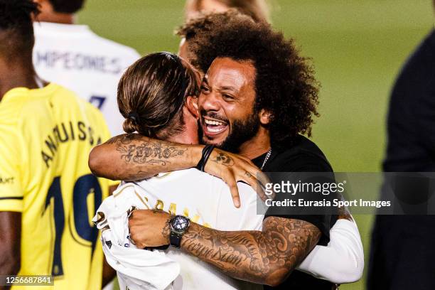 Marcelo da Silva and Sergio Ramos of Real Madrid celebrating after winning La Liga Championship during the Liga match between Real Madrid CF and...
