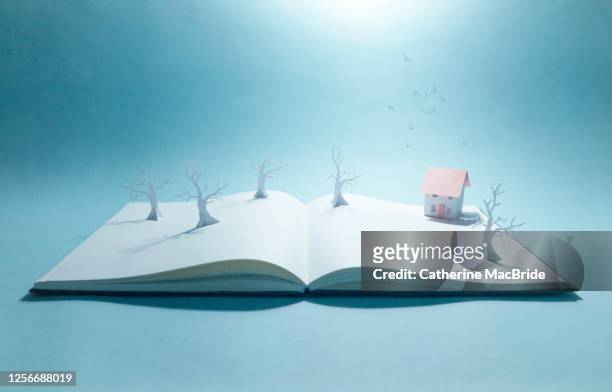 pop-up book with trees and paper home - catherine macbride stock pictures, royalty-free photos & images