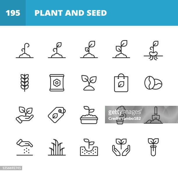 stockillustraties, clipart, cartoons en iconen met plant en zaad lijn iconen. bewerkbare lijn. pixel perfect. voor mobiel en web. bevat iconen als plant, seed, leaf, tree, ecology, milieu, landbouw, planten, groeien, watering, recycling, kunstmest, bodem, bloem, tuinieren, bloempot. - bloembed