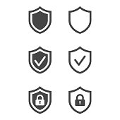 Shield with security and check mark icon isolated on white background. Set of icons. Vector illustration.