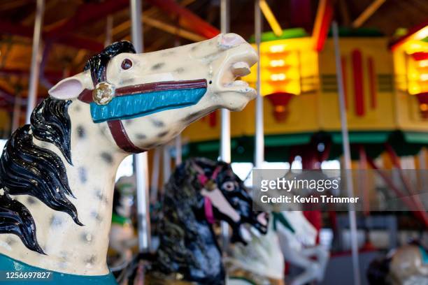 closeup of horse on carousel - carousel musical fotografías e imágenes de stock