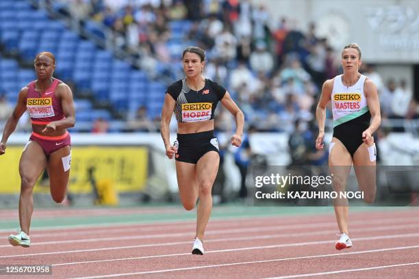 New Zealand's Zoe Hobbs , Destiny Smith-Barnett of the US , and Australia's Bree Masters compete in the women's 100m competition at the Seiko Golden...