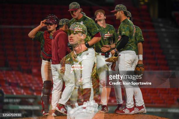 Boston College Eagles RHP John West walks off the mound after pitching 7 innings during the ALS Awareness college baseball game between the Notre...