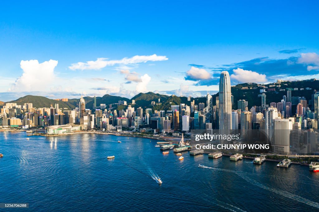 Drone view of Victoria Harbour, Hong Kong