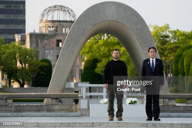 Ukrainian President Volodymyr Zelenskyy and Japanese Prime Minister Fumio Kishida attend the Cenotaph for the Victims of the Atomic Bomb, before...