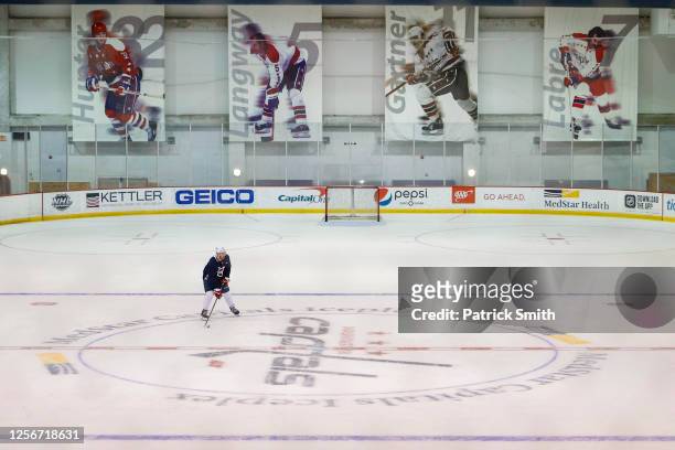 Nick Jensen of the Washington Capitals skates alone after practice at MedStar Capitals Iceplex on July 17, 2020 in Arlington, Virginia. The team...