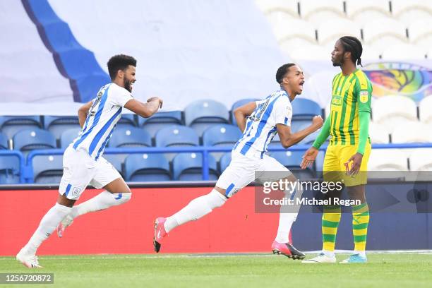 Chris Willock of Huddersfield Town celebrates after scoring his team's first goal during the Sky Bet Championship match between Huddersfield Town and...