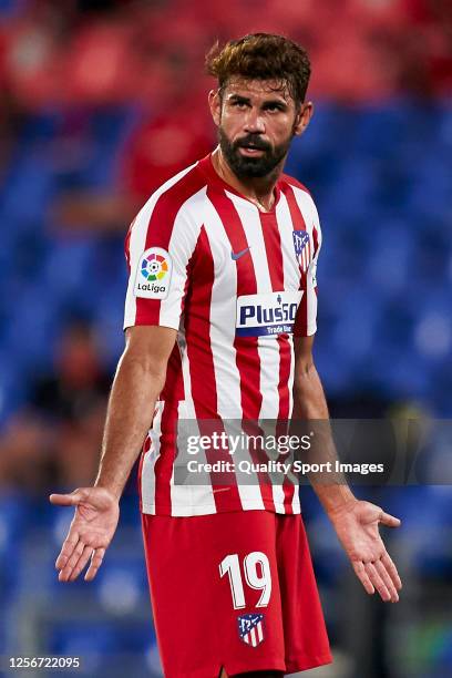 Diego Costa of Club Atletico de Madrid looks on during the La Liga match between Getafe CF and Club Atletico de Madrid at Coliseum Alfonso Perez on...