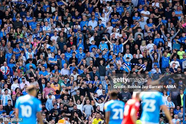 Fans of stockport County during the Sky Bet League Two Play-Off Semi-Final Second Leg match between Stockport County and Salford City at Edgeley Park...