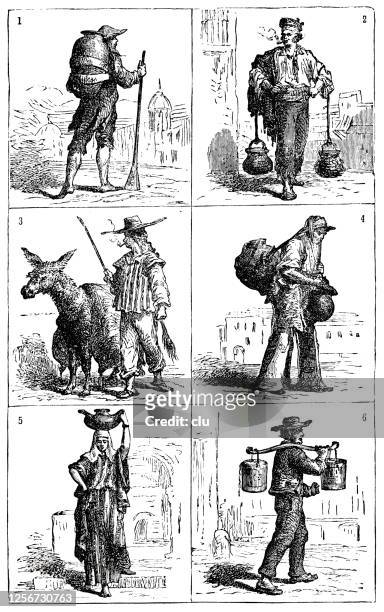 water carriers of the world, 6 men, 6 countries - piggyback stock illustrations