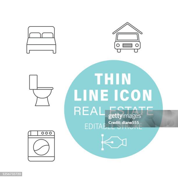 thin line real estate icon set - portable restroom stock illustrations