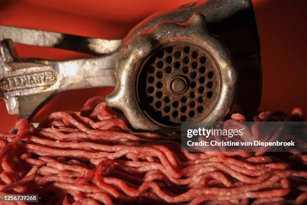 old fashioned meat grinder and beef - meat grinder stock pictures, royalty-free photos & images