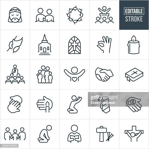 stockillustraties, clipart, cartoons en iconen met geloof en aanbidding thin line iconen - bewerkbare lijn - doornenkroon religieuze uitrusting