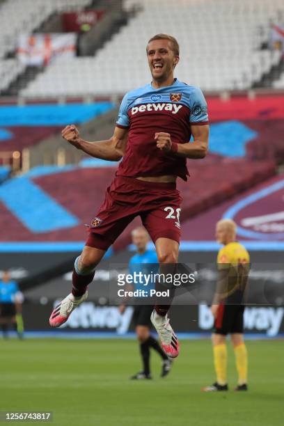 Tomas Soucek of West Ham United celebrates after scoring his team's second goal during the Premier League match between West Ham United and Watford...